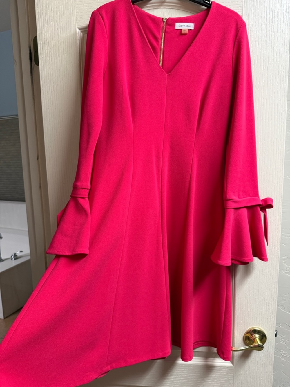 Calvin Klein Hot Pink V-Neck Long Sleeve Dress with Flare Cuffs